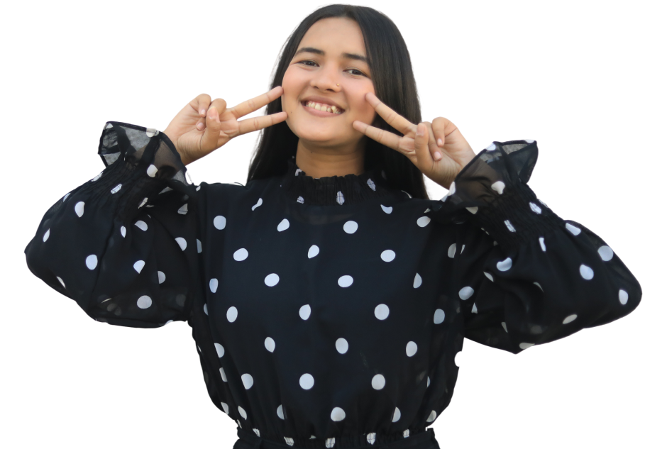 Smiling student making peace signs